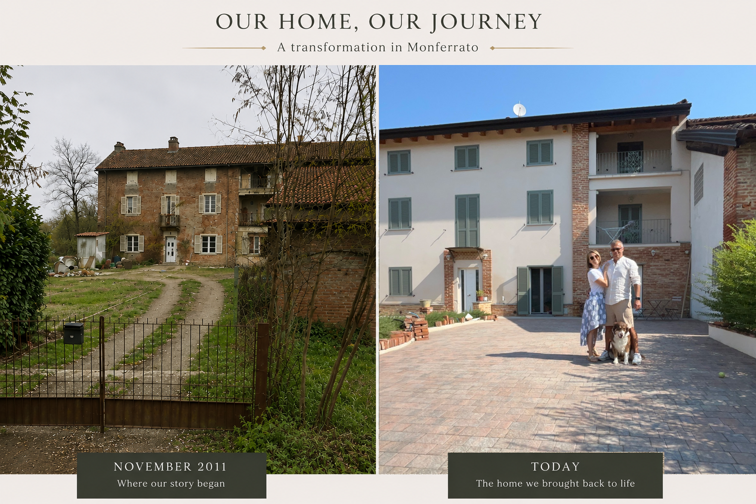 The exterior of Gabriella and Cristiano’s home in Monferrato before and today